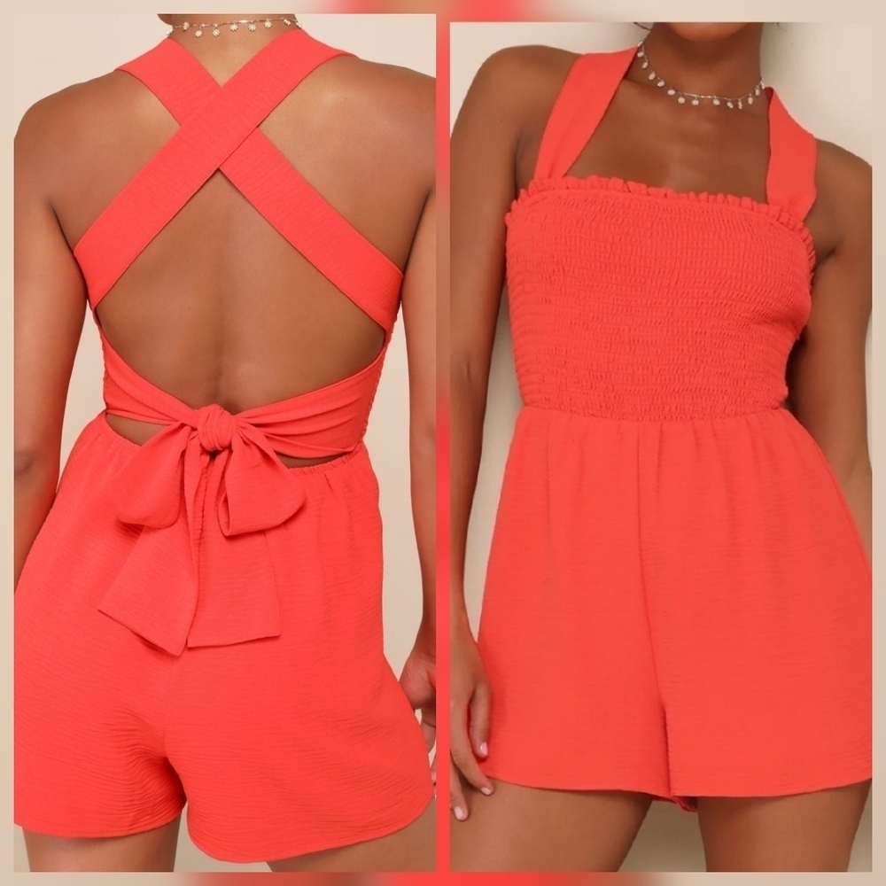 Lulus Summertime Senses Red Orange Smocked Tie-Back Romper, Size Medium